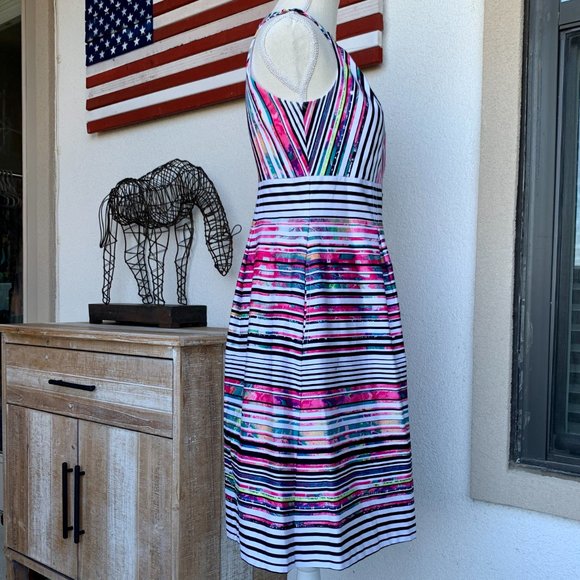 POCKETS Nine West Halter Fit Flare Striped Dress 4 - Picture 4 of 12